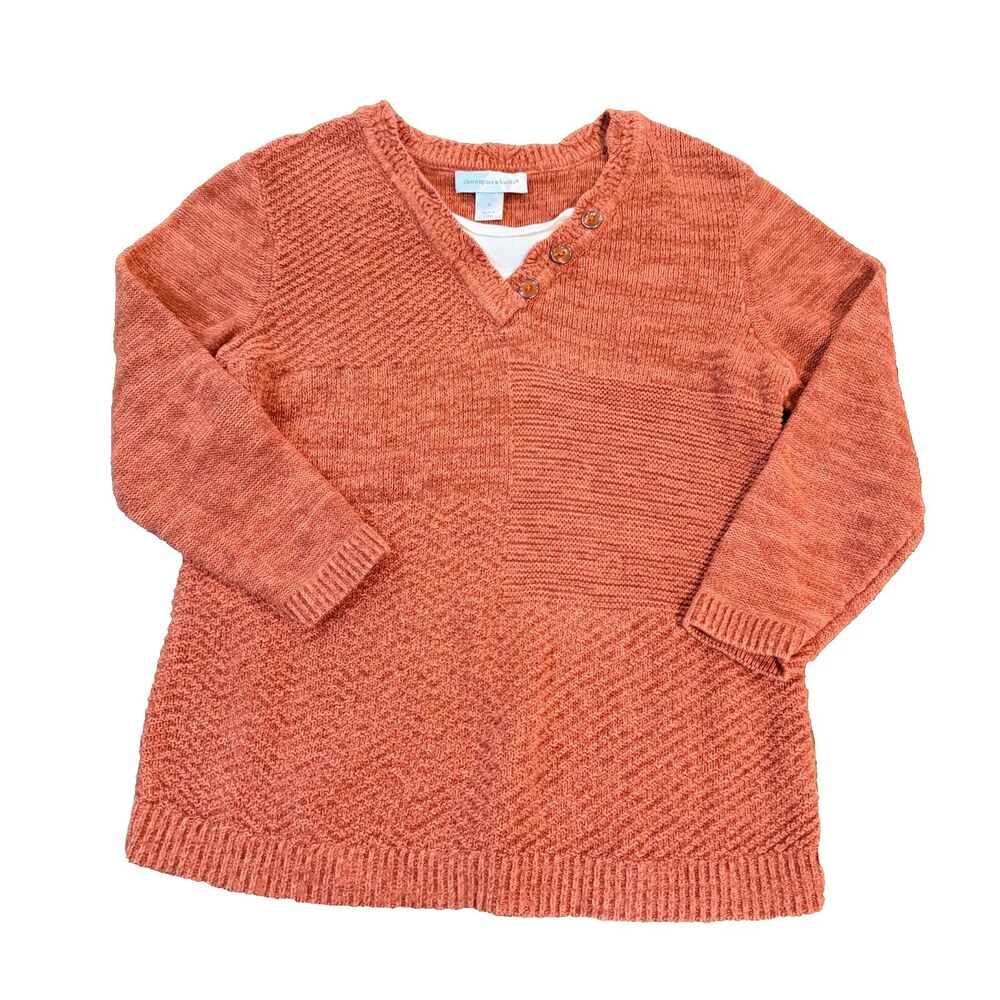 Christopher & Banks Womens S Rust Orange Textured Knit V Neck Button Sweater